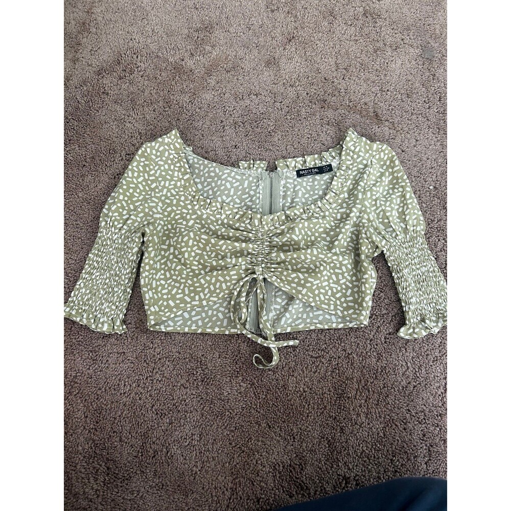 Nasty Gal Sage Green Crop Top Size 0 Ruched Front Back Zip